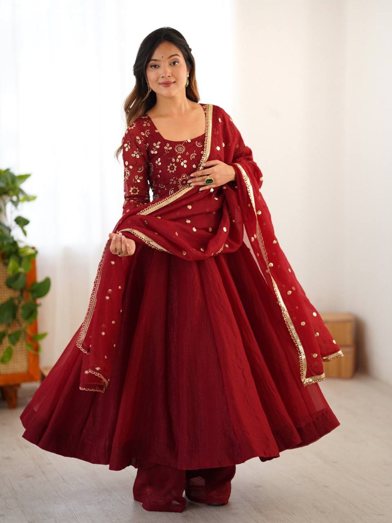 Silk Red Fully Flared Gown with Lace Border Dupatta for Festive wear detailed view