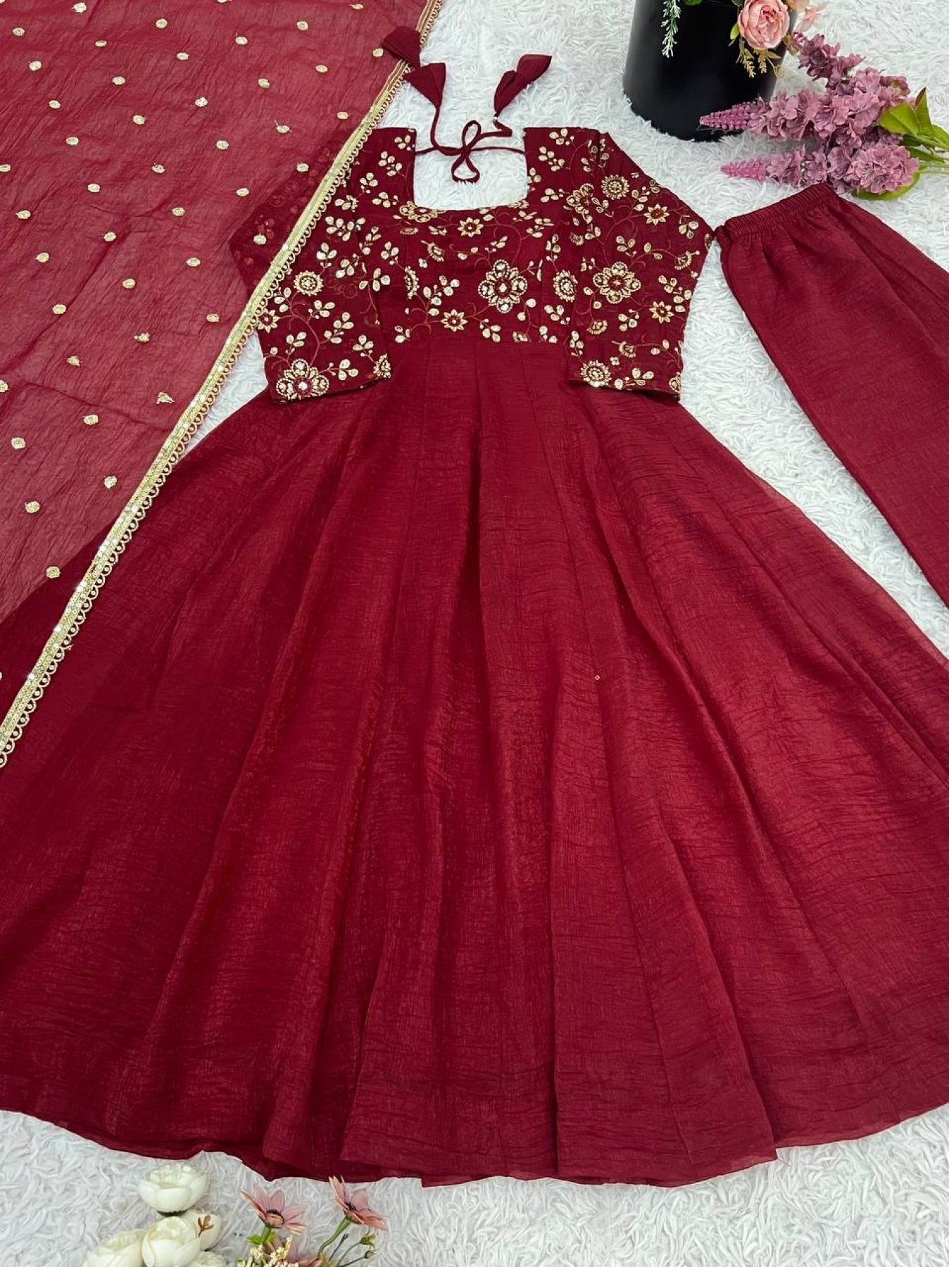Silk Red Fully Flared Gown with Lace Border Dupatta for Festive wear embroidery close-up