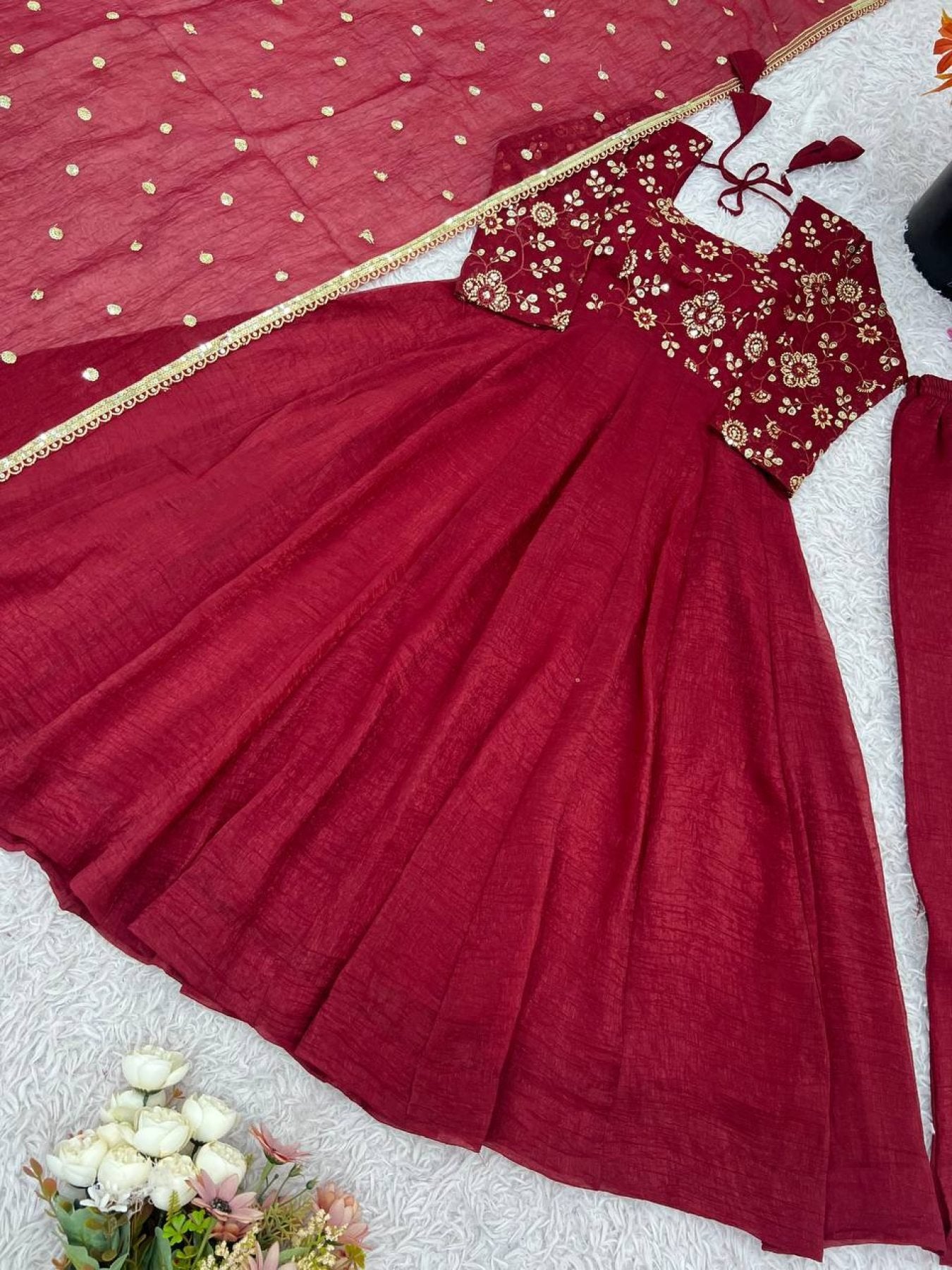 Silk Red Fully Flared Gown with Lace Border Dupatta for Festive wear fabric texture detail