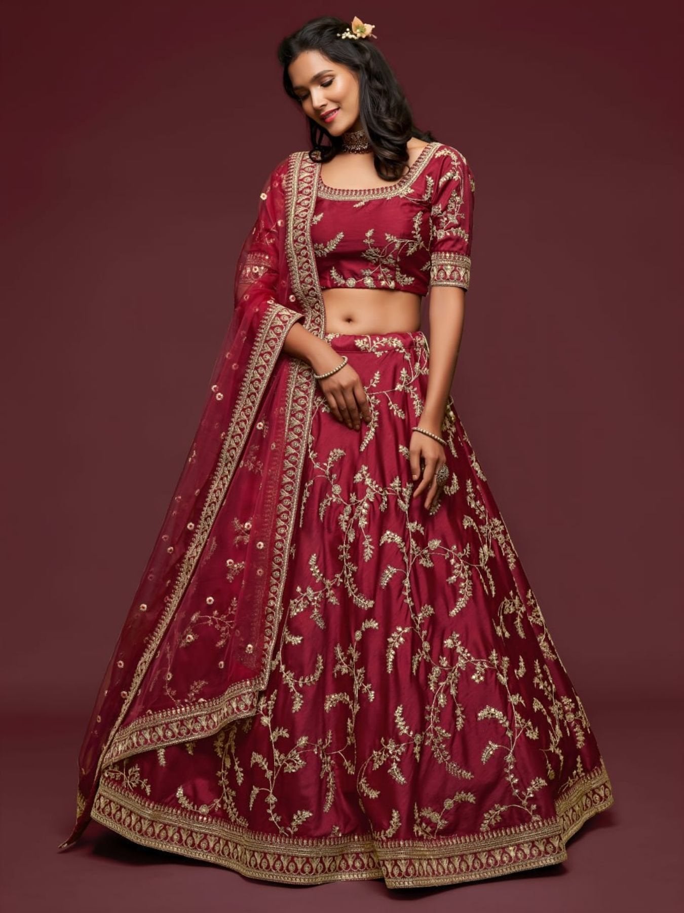 Art Silk Lehenga Choli Set with Heavy Zari and Sequins Work fabric texture detail