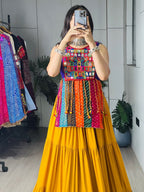 Yellow Rayon Chaniya Choli with Mirror Work and Latkan Dori Lehenga back view
