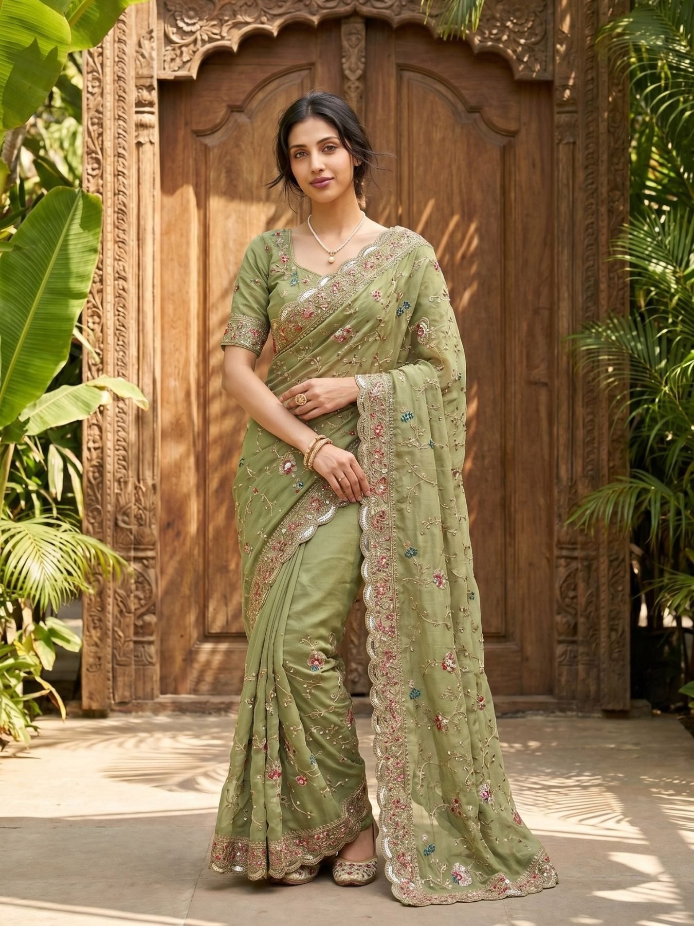Green Georgette Saree for women - full front view | Snyvia