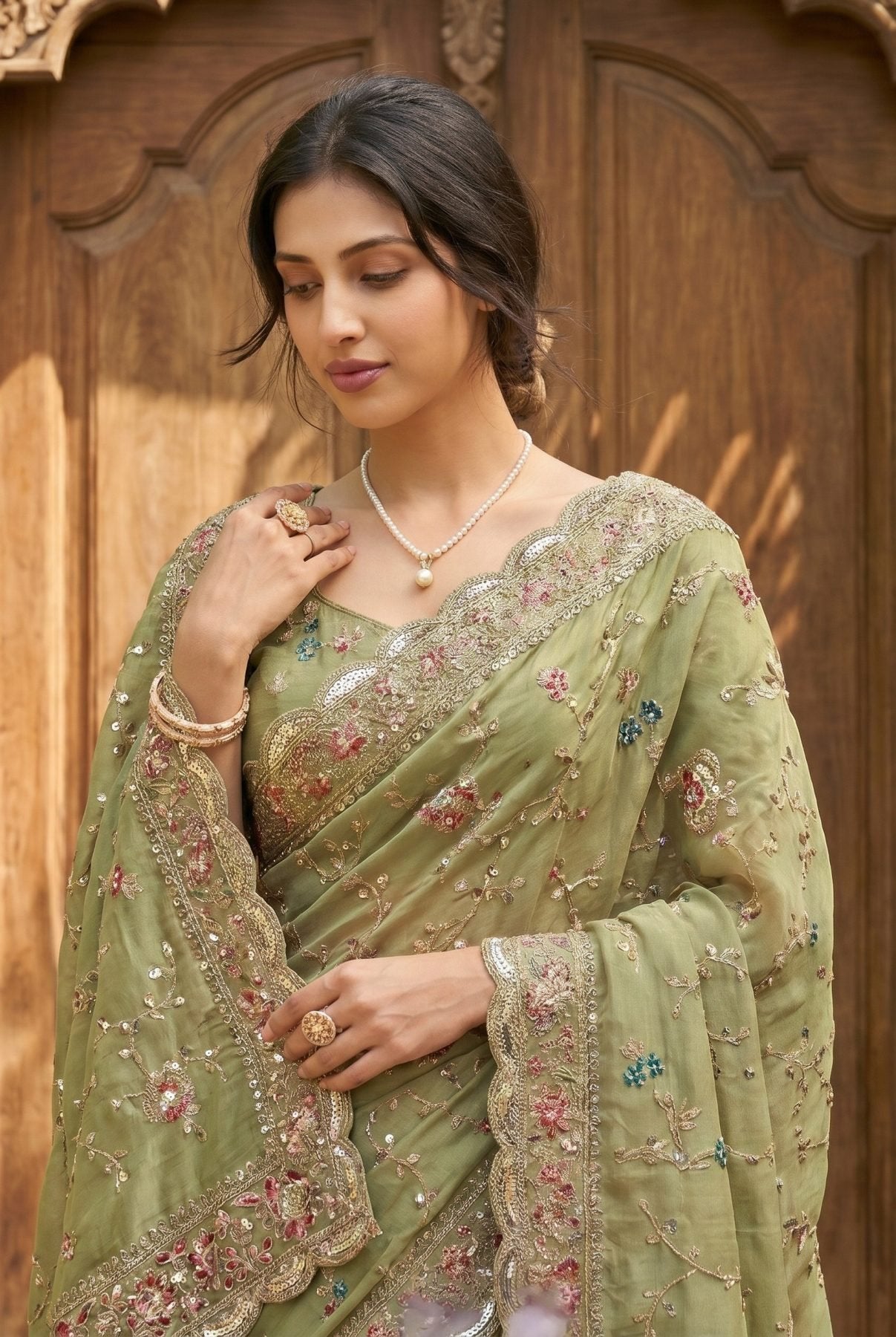 Green Georgette Saree - side drape view