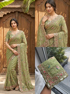 Green Georgette Saree - fabric texture close-up