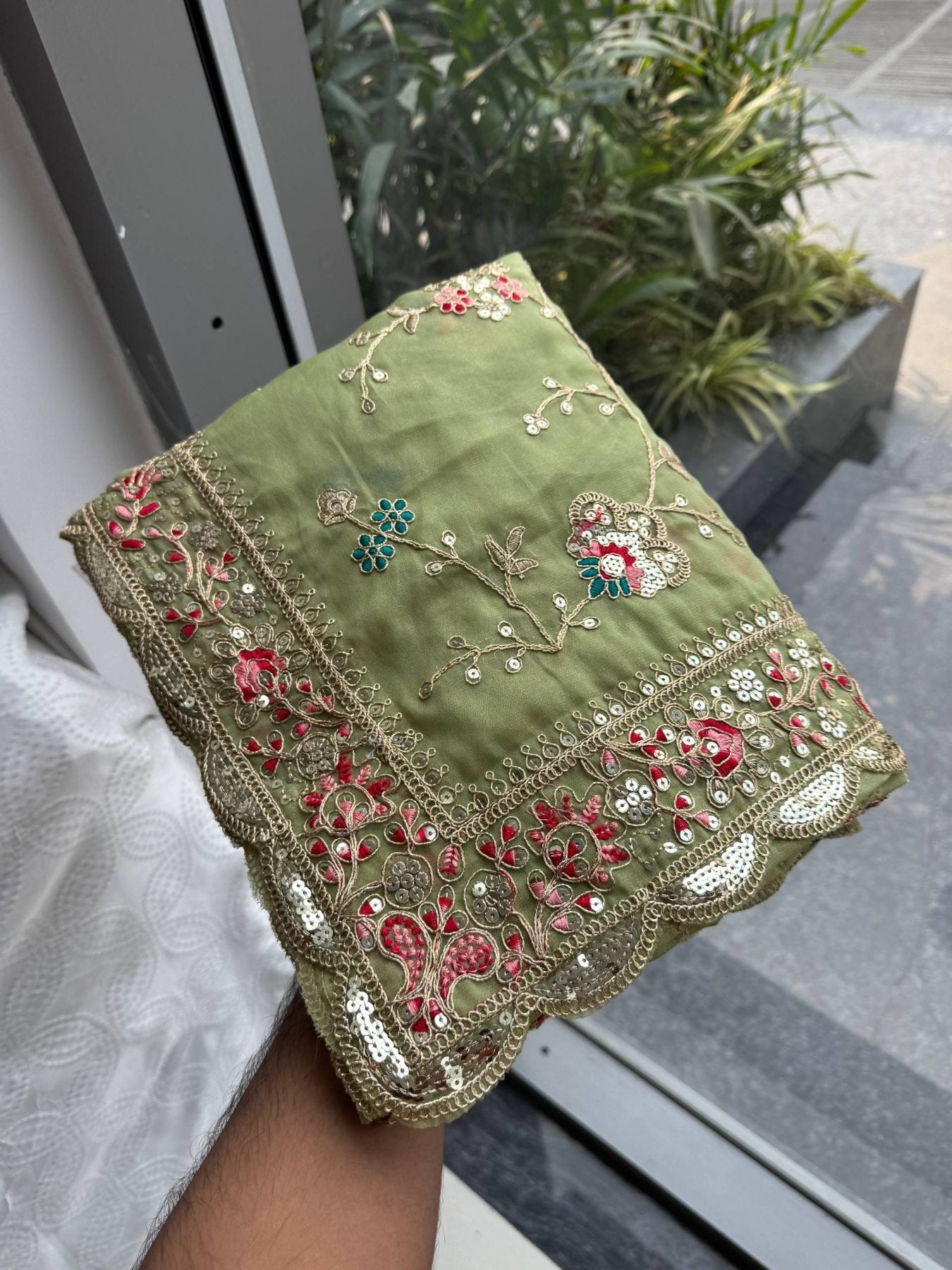 Green Georgette Saree - Embroidery embroidery work detail