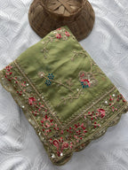 Green Georgette Saree - Embroidery pallu design detail