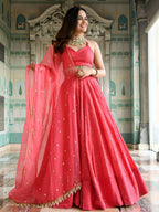 Pink Georgette Bridal Lehenga with Thread Sequins Embroidery For Function full drape view