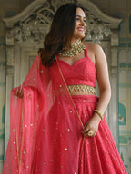 Pink Georgette Bridal Lehenga with Thread Sequins Embroidery For Function blouse and dupatta detail