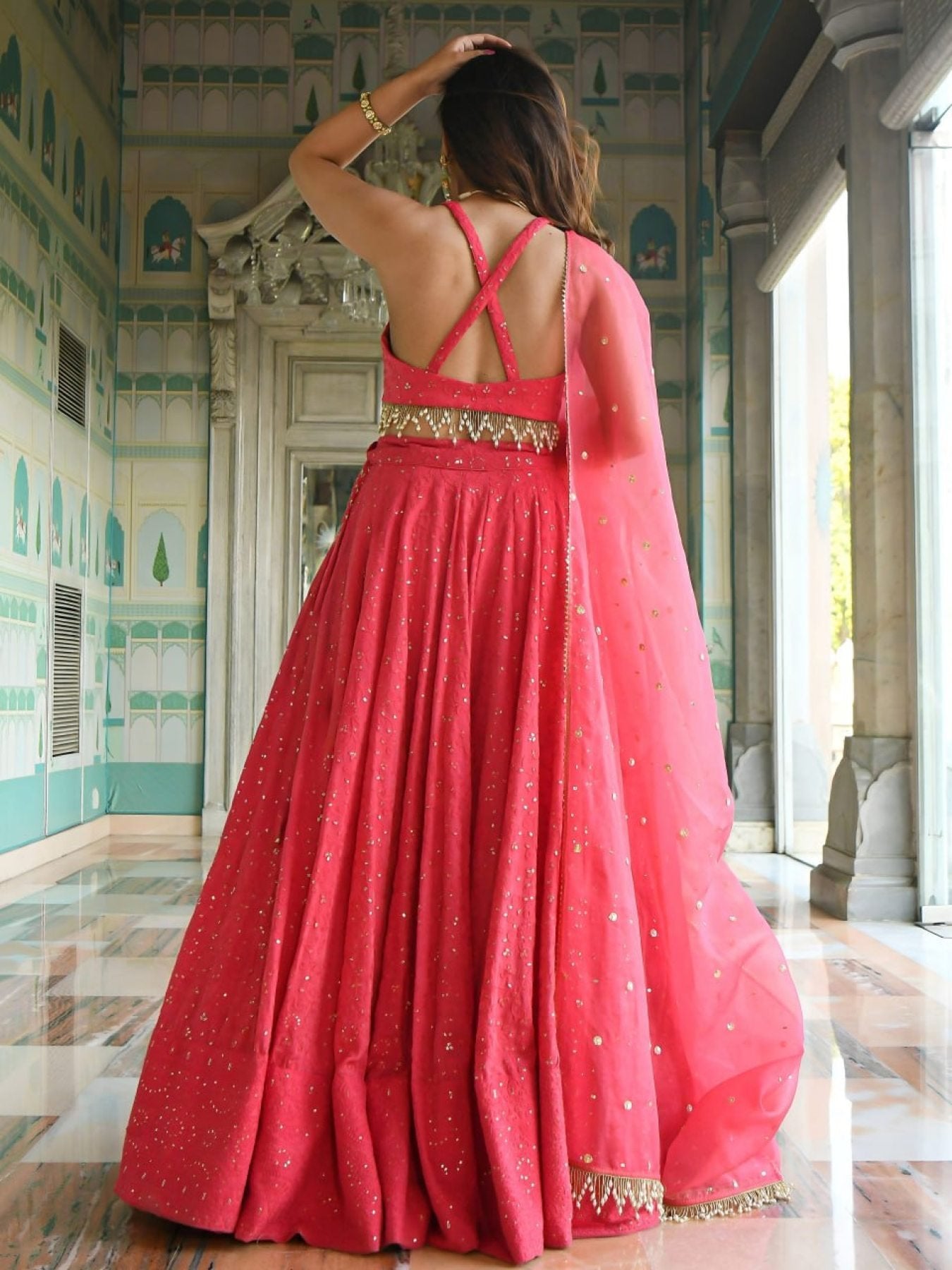 Pink Georgette Bridal Lehenga with Thread Sequins Embroidery For Function fabric texture detail