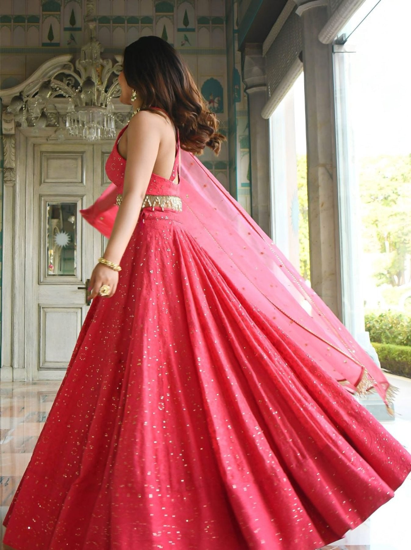 Pink Georgette Bridal Lehenga with Thread Sequins Embroidery For Function back view