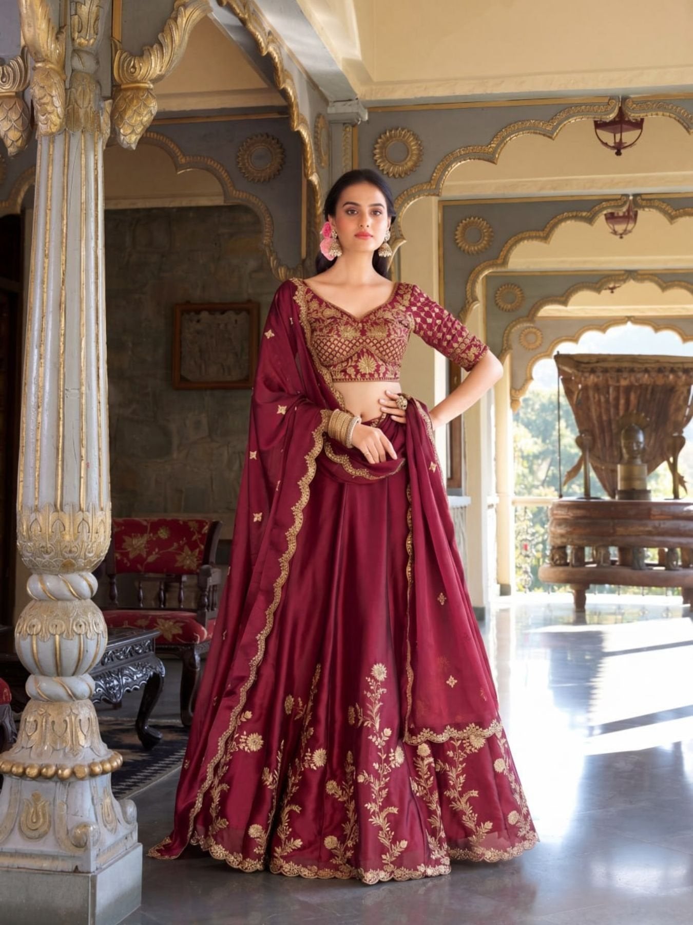 Rangoli Silk Lehenga Choli with Zari Dori Sequins Work for Wedding Wear styling view