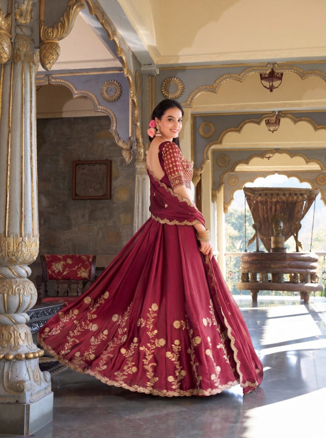 Rangoli Silk Lehenga Choli with Zari Dori Sequins Work for Wedding Wear full drape view