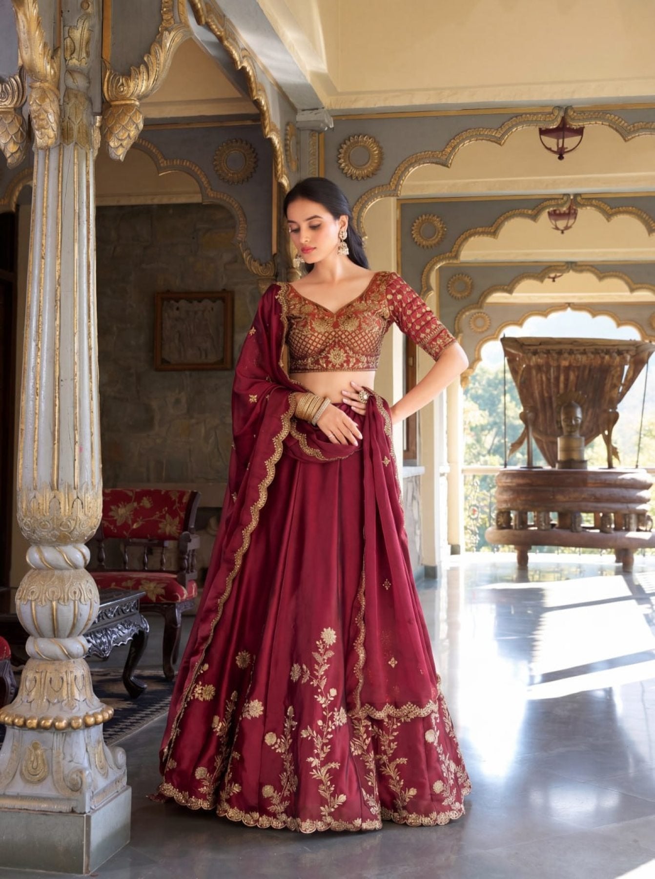 Rangoli Silk Lehenga Choli with Zari Dori Sequins Work for Wedding Wear blouse and dupatta detail
