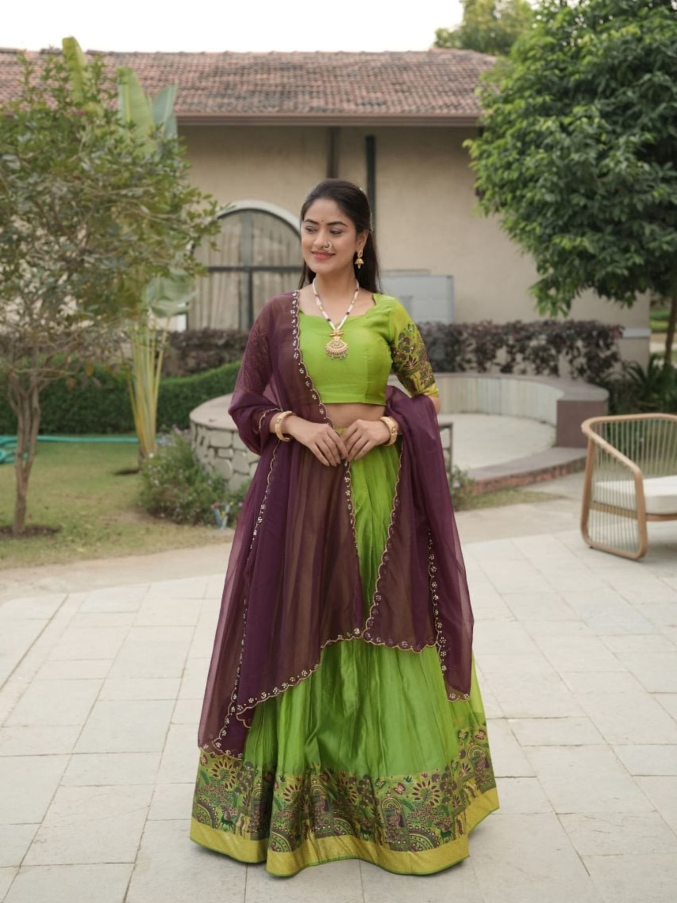Silk Lehenga with Weaving Border and Zari Work for Bridal Functions front view