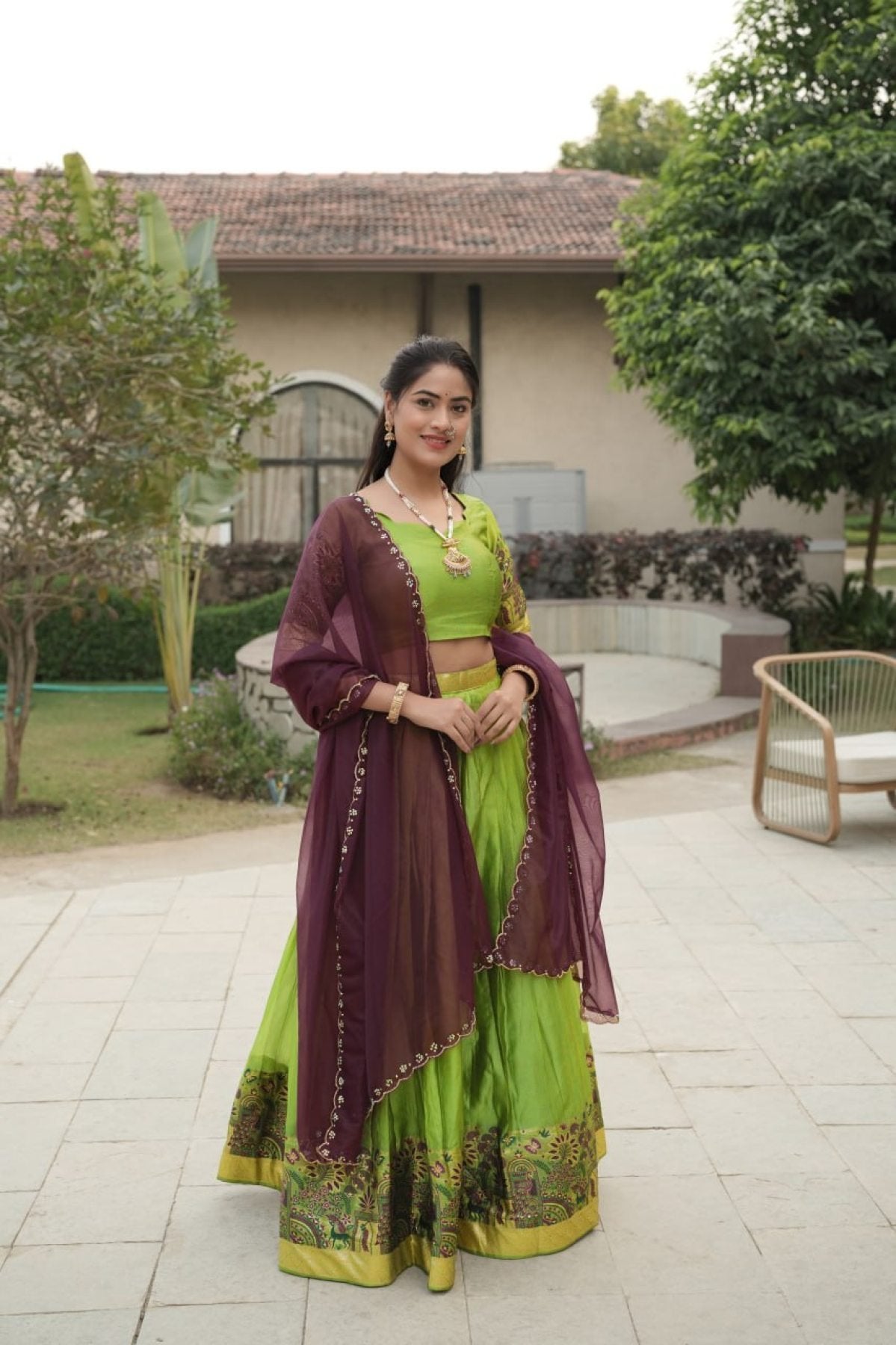 Silk Lehenga with Weaving Border and Zari Work for Bridal Functions blouse and dupatta detail