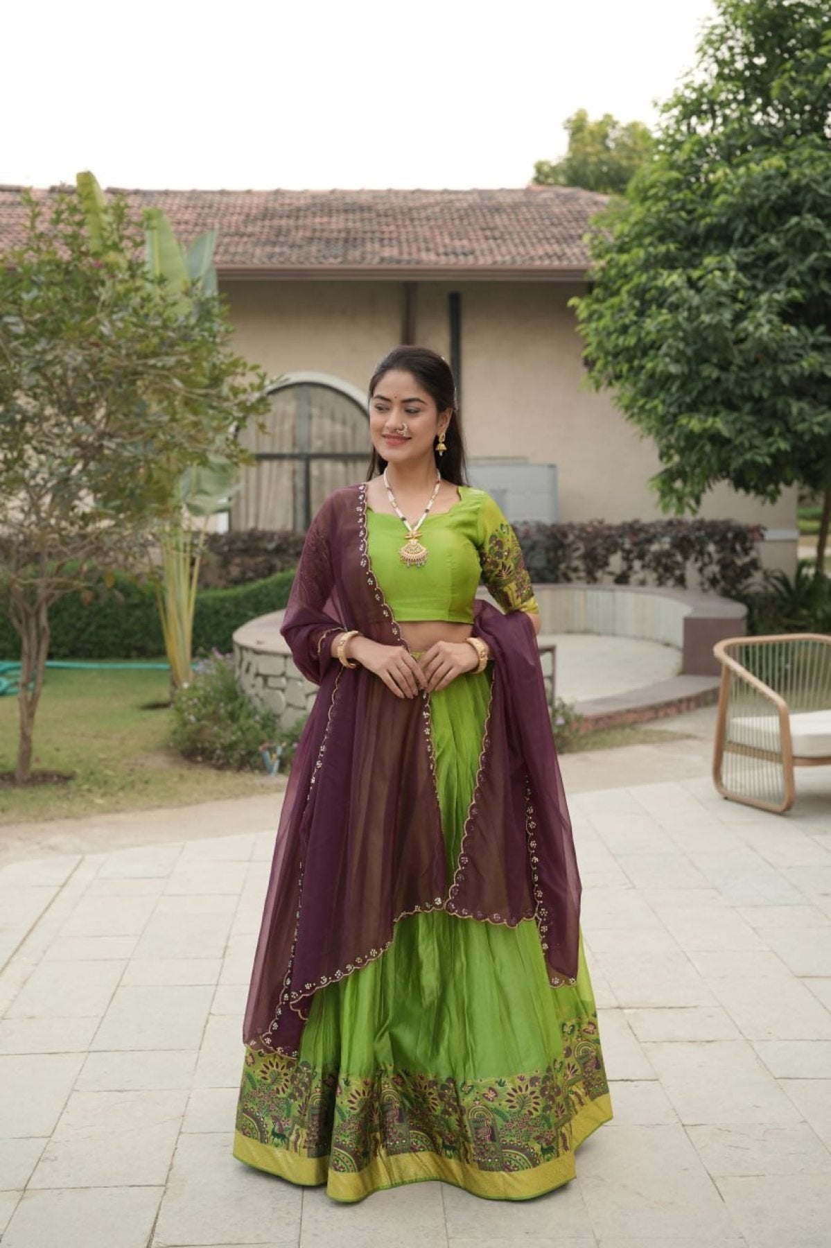 Silk Lehenga with Weaving Border and Zari Work for Bridal Functions fabric texture detail