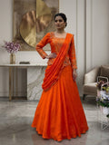 Orange Chinon Lehenga Saree for women - full front view | Snyvia