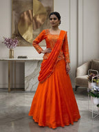 Orange Chinon Lehenga Saree for women - full front view | Snyvia