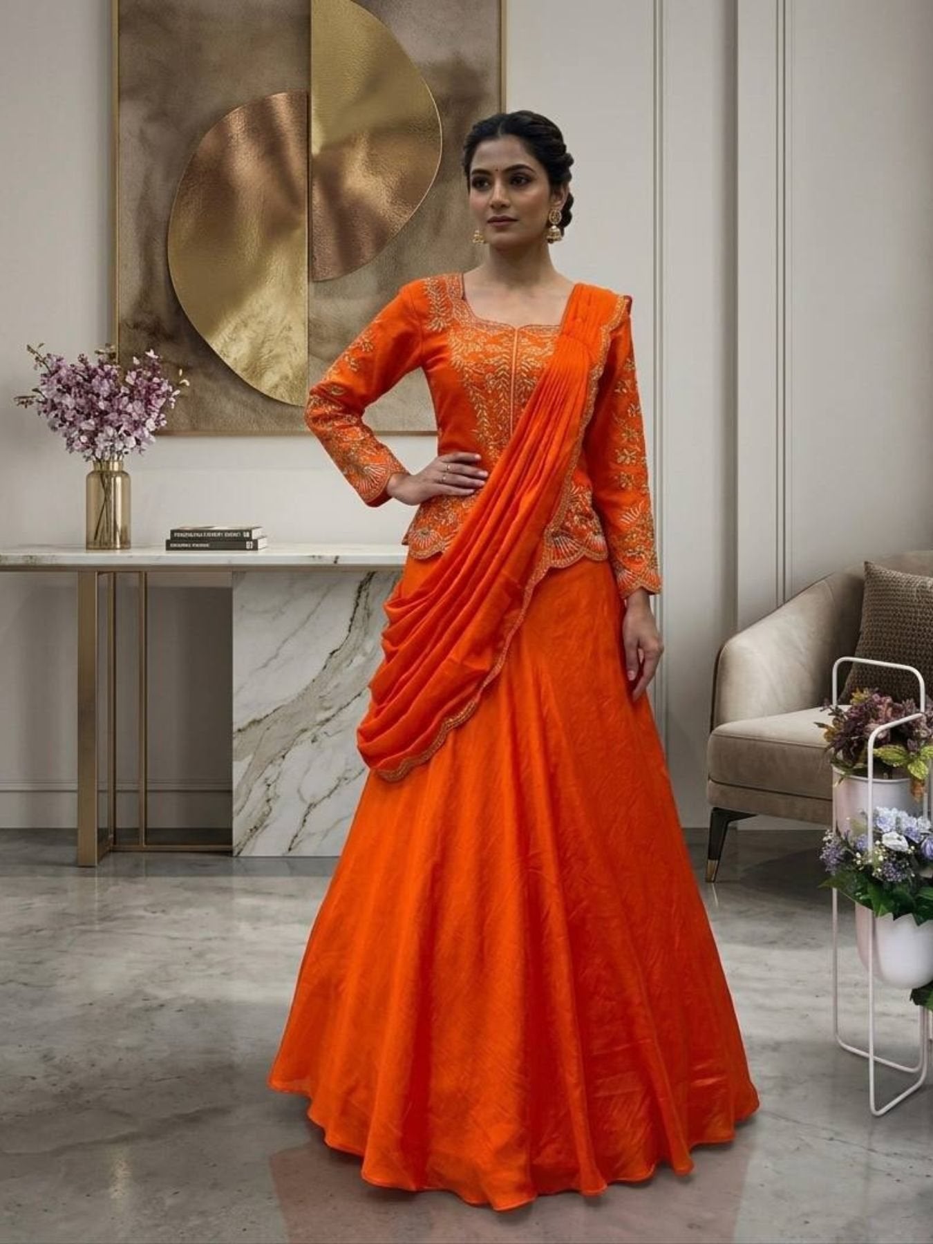Orange Chinon Lehenga Saree for women - full front view | Snyvia