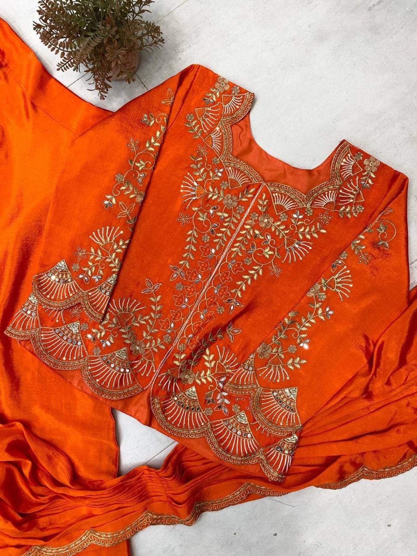 Orange Chinon Lehenga Saree - drape and pallu detail
