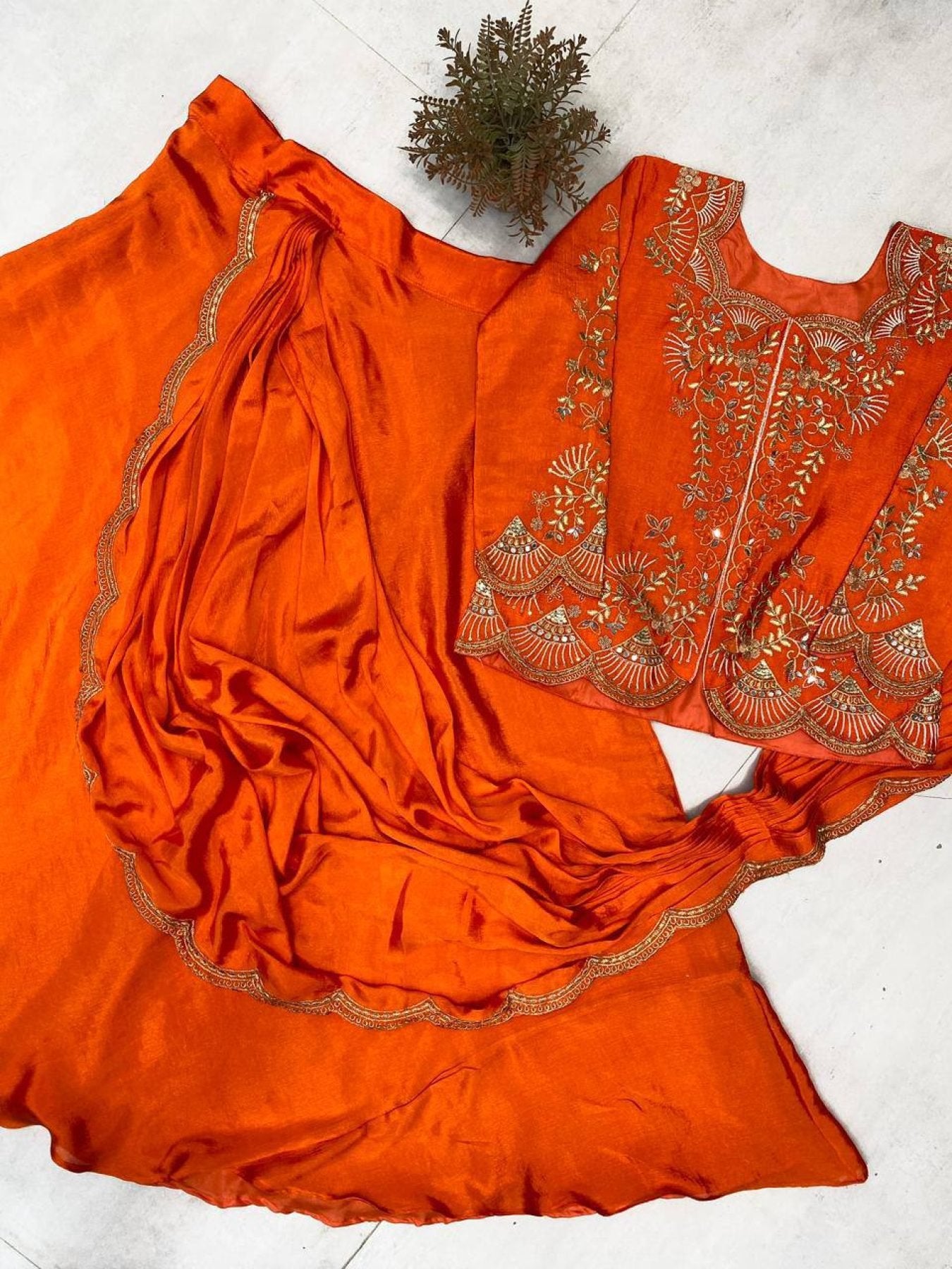 Orange Chinon Lehenga Saree - side drape view