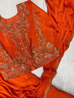 Orange Chinon Lehenga Saree - blouse and border close-up