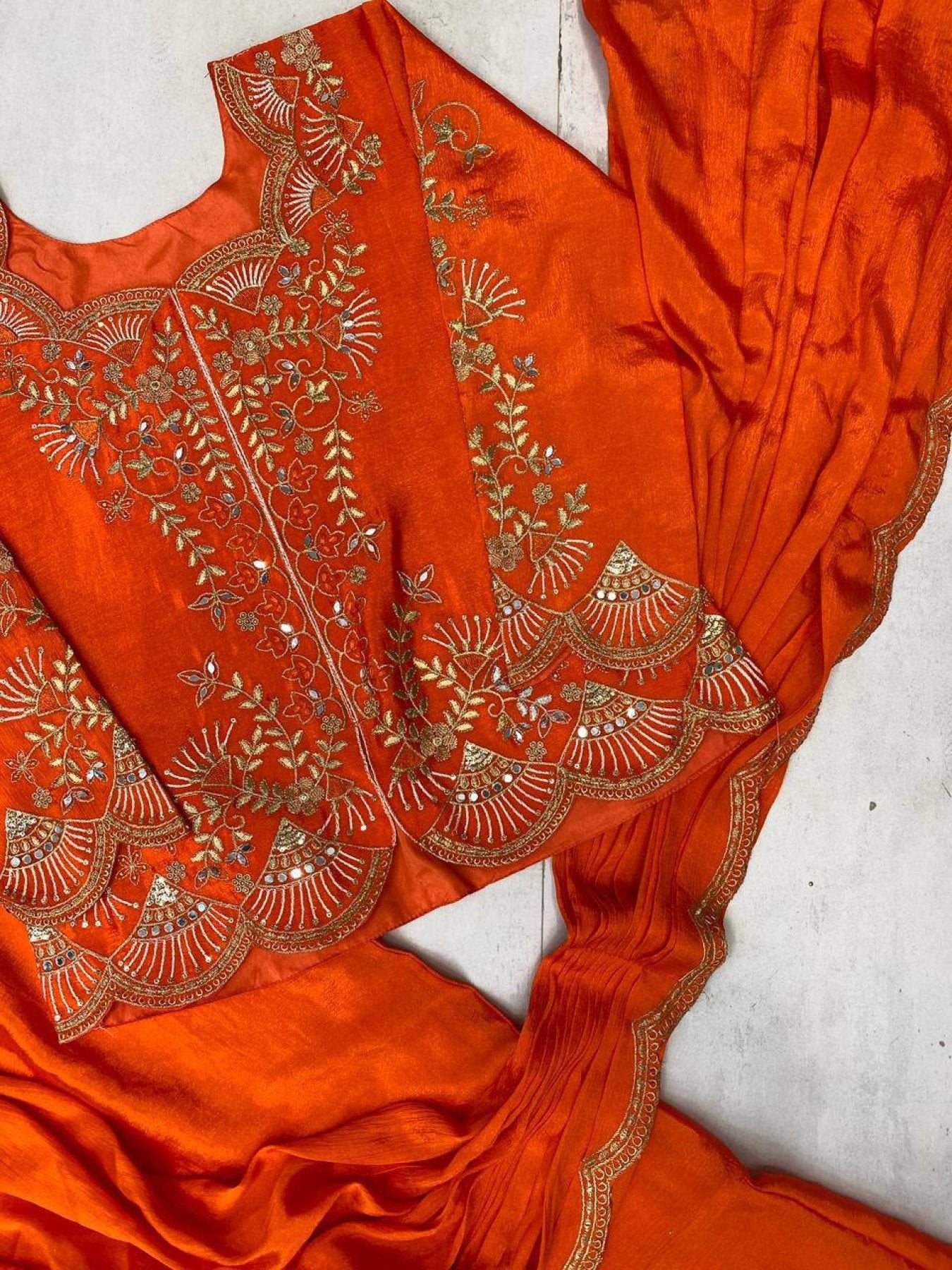 Orange Chinon Lehenga Saree - blouse and border close-up