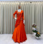 Orange Chinon Lehenga Saree - fabric texture close-up
