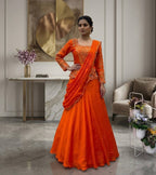Orange Chinon Lehenga Saree - Embroidery embroidery work detail