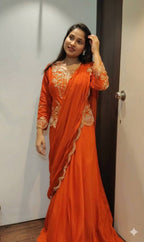 Orange Chinon Lehenga Saree - Embroidery pallu design detail