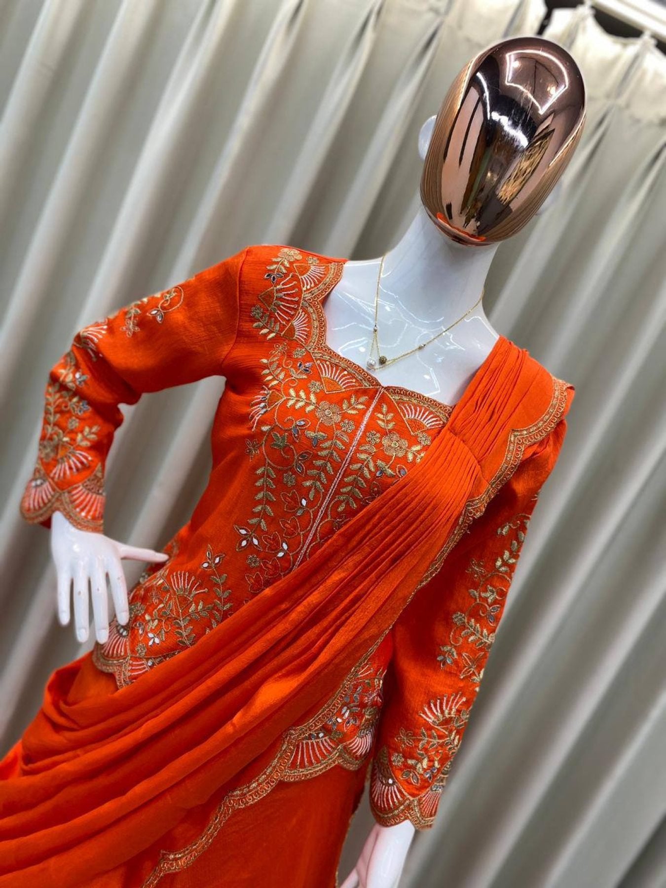 Orange Chinon Lehenga Saree - Embroidery back view