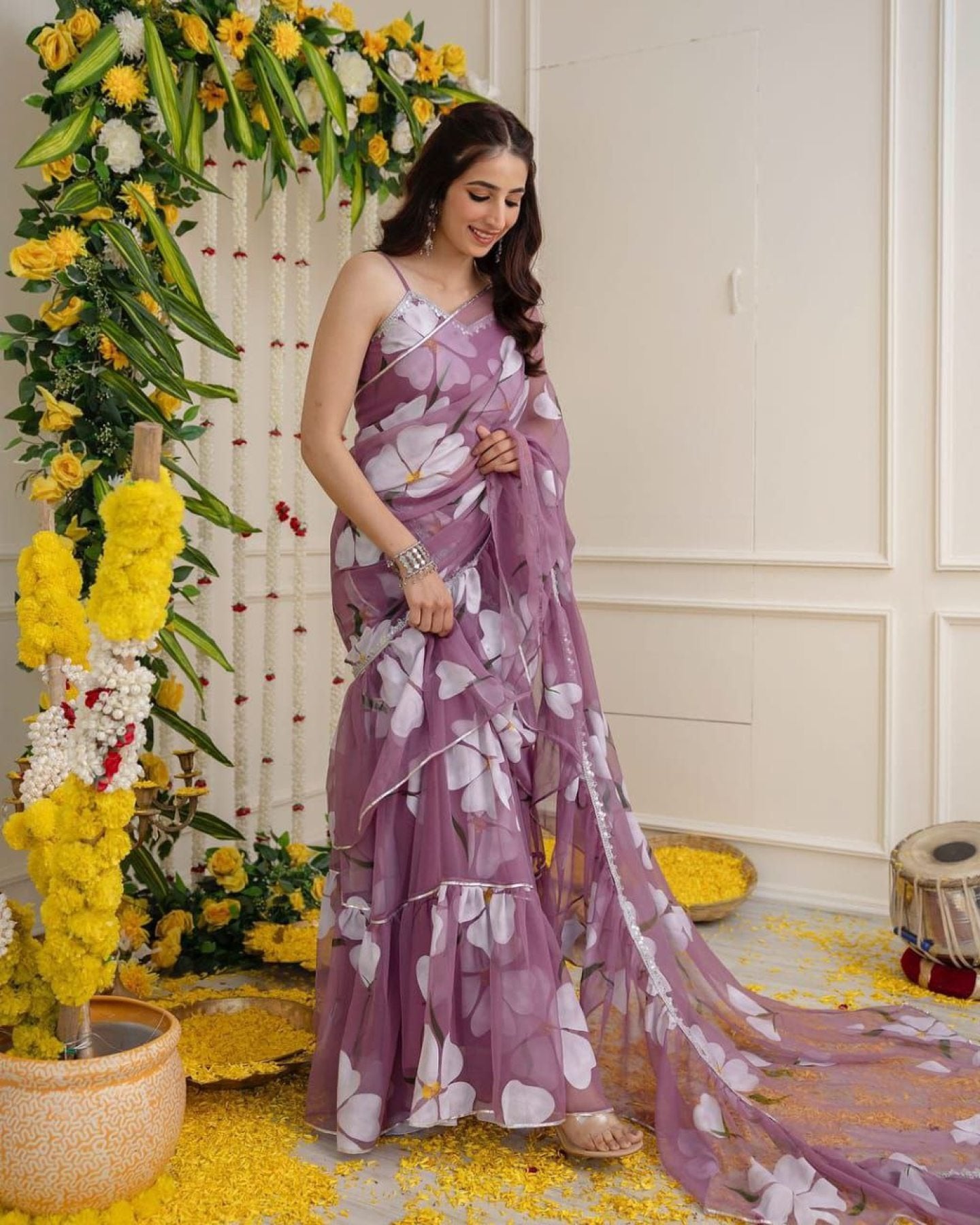 Purple Digital Print Lehenga Saree with Attached Dupatta full drape view