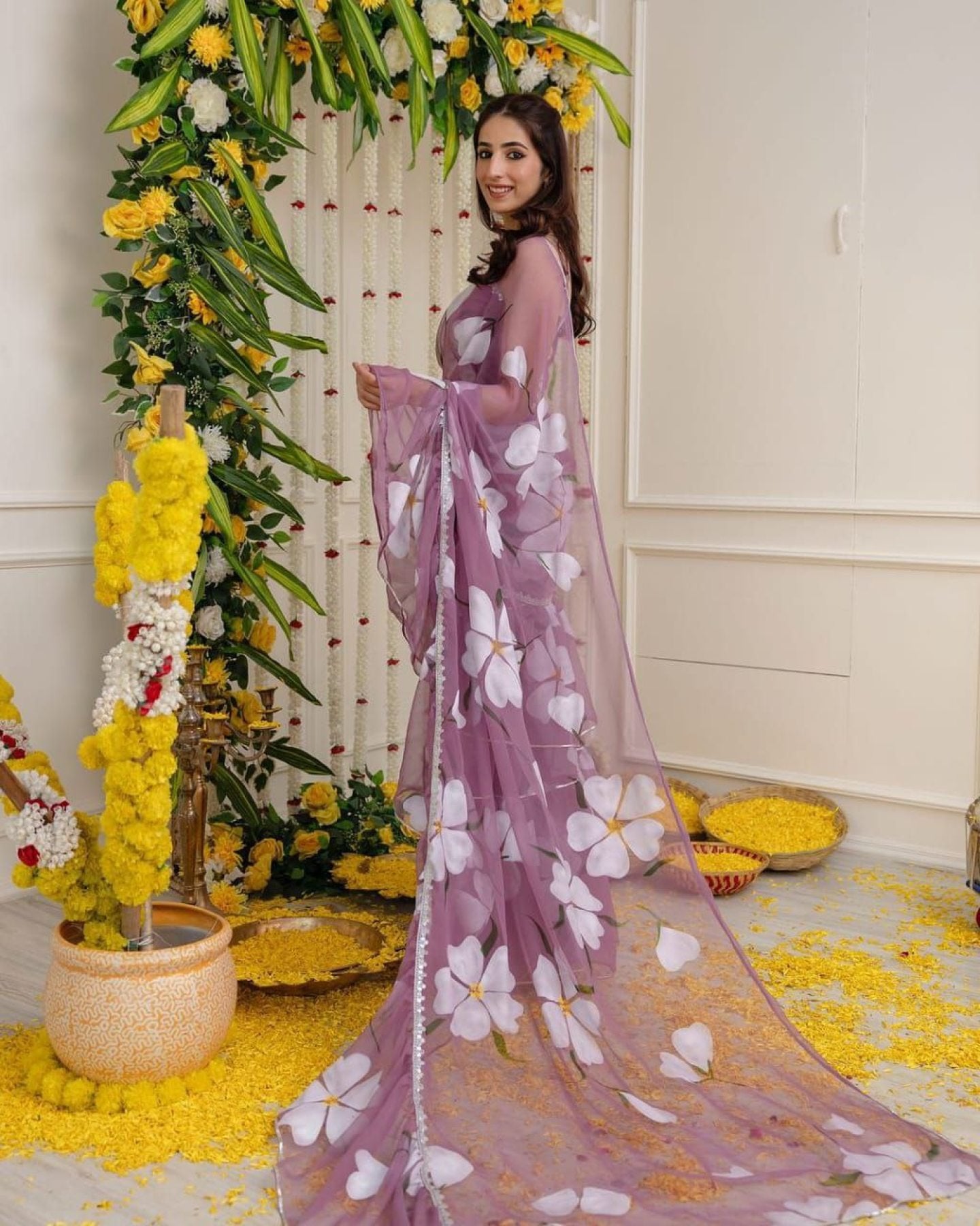 Purple Digital Print Lehenga Saree with Attached Dupatta blouse and dupatta detail