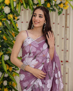 Purple Digital Print Lehenga Saree with Attached Dupatta embroidery close-up