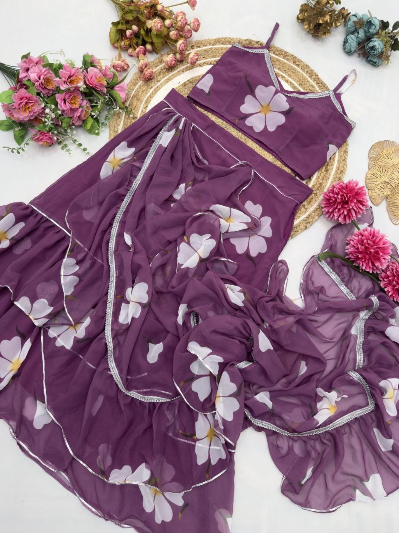 Purple Digital Print Lehenga Saree with Attached Dupatta fabric texture detail