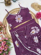 Purple Digital Print Lehenga Saree with Attached Dupatta back view