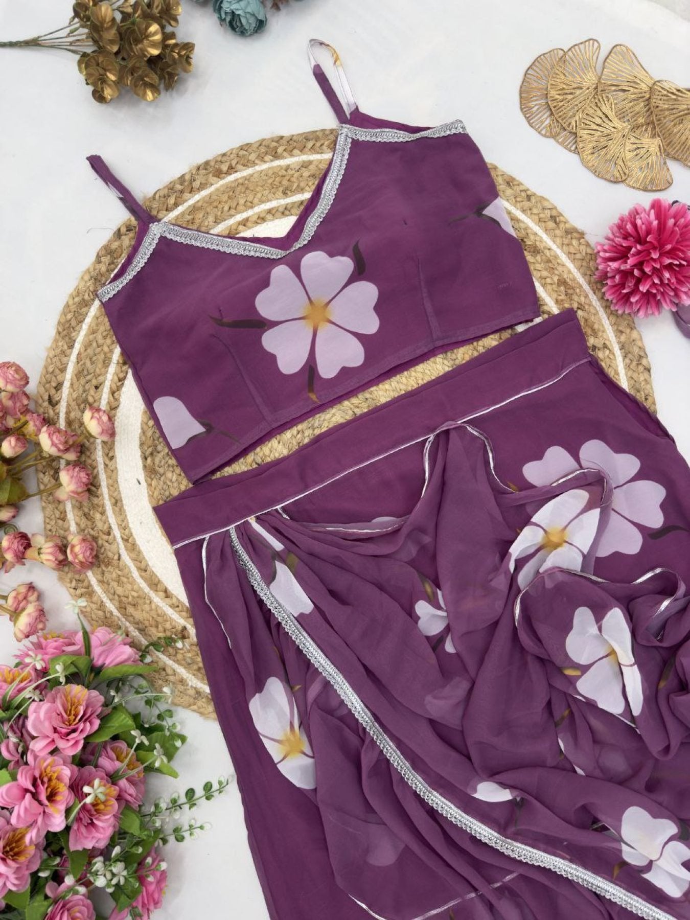 Purple Digital Print Lehenga Saree with Attached Dupatta back view