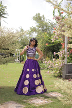 Roman Silk Navratri Lehenga Choli with Mirror Lace Work and 6 Meter Flair front view
