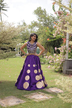 Roman Silk Navratri Lehenga Choli with Mirror Lace Work and 6 Meter Flair full drape view