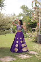 Roman Silk Navratri Lehenga Choli with Mirror Lace Work and 6 Meter Flair blouse and dupatta detail