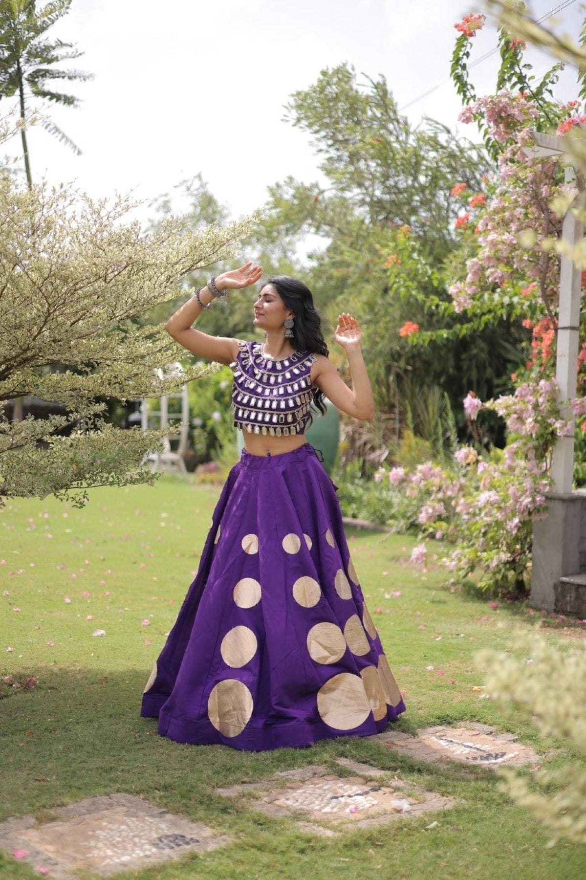 Roman Silk Navratri Lehenga Choli with Mirror Lace Work and 6 Meter Flair blouse and dupatta detail