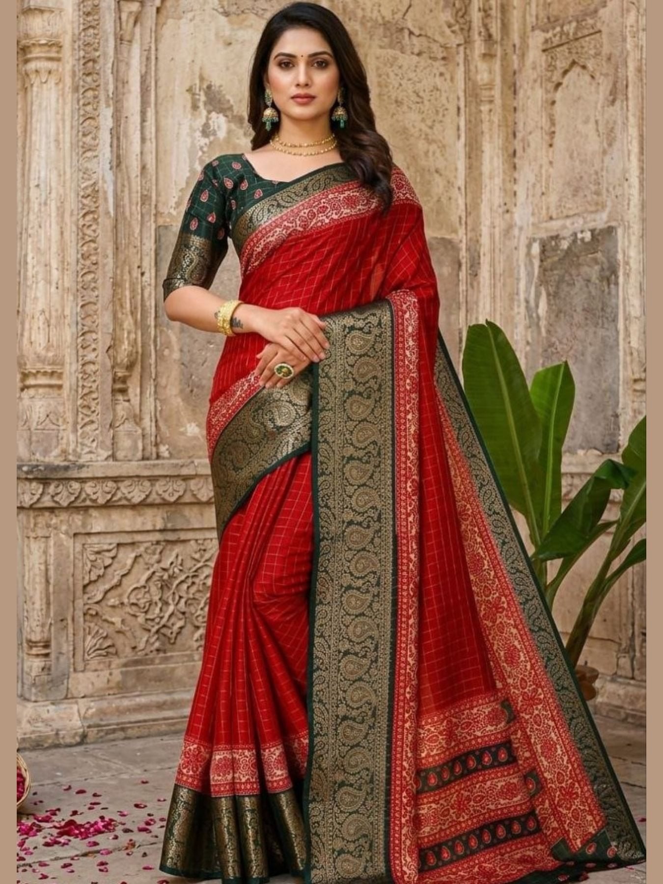 Red Cotton Saree for women - full front view | Snyvia