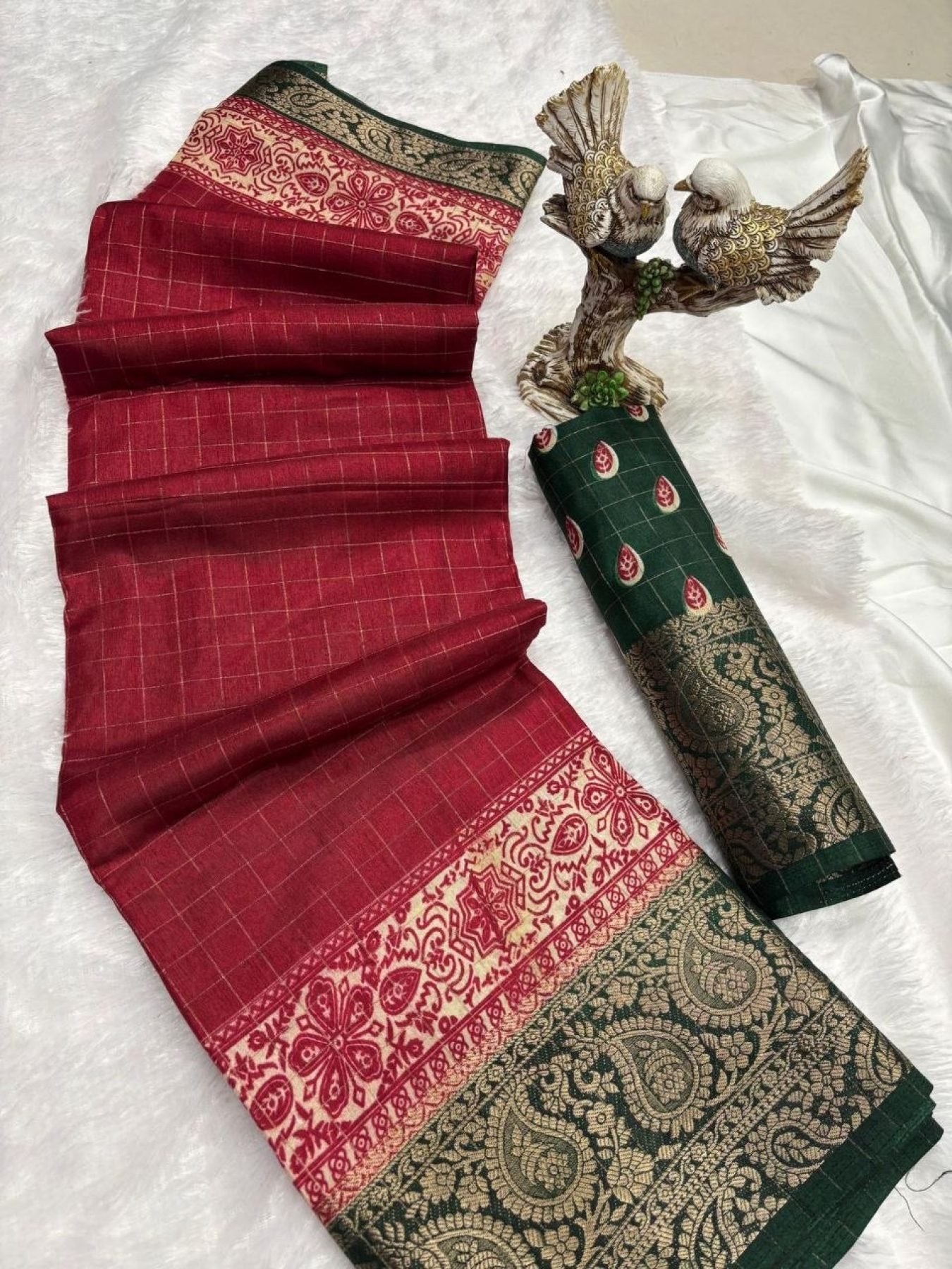 Red Cotton Saree - side drape view