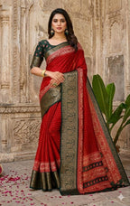 Red Cotton Saree - fabric texture close-up