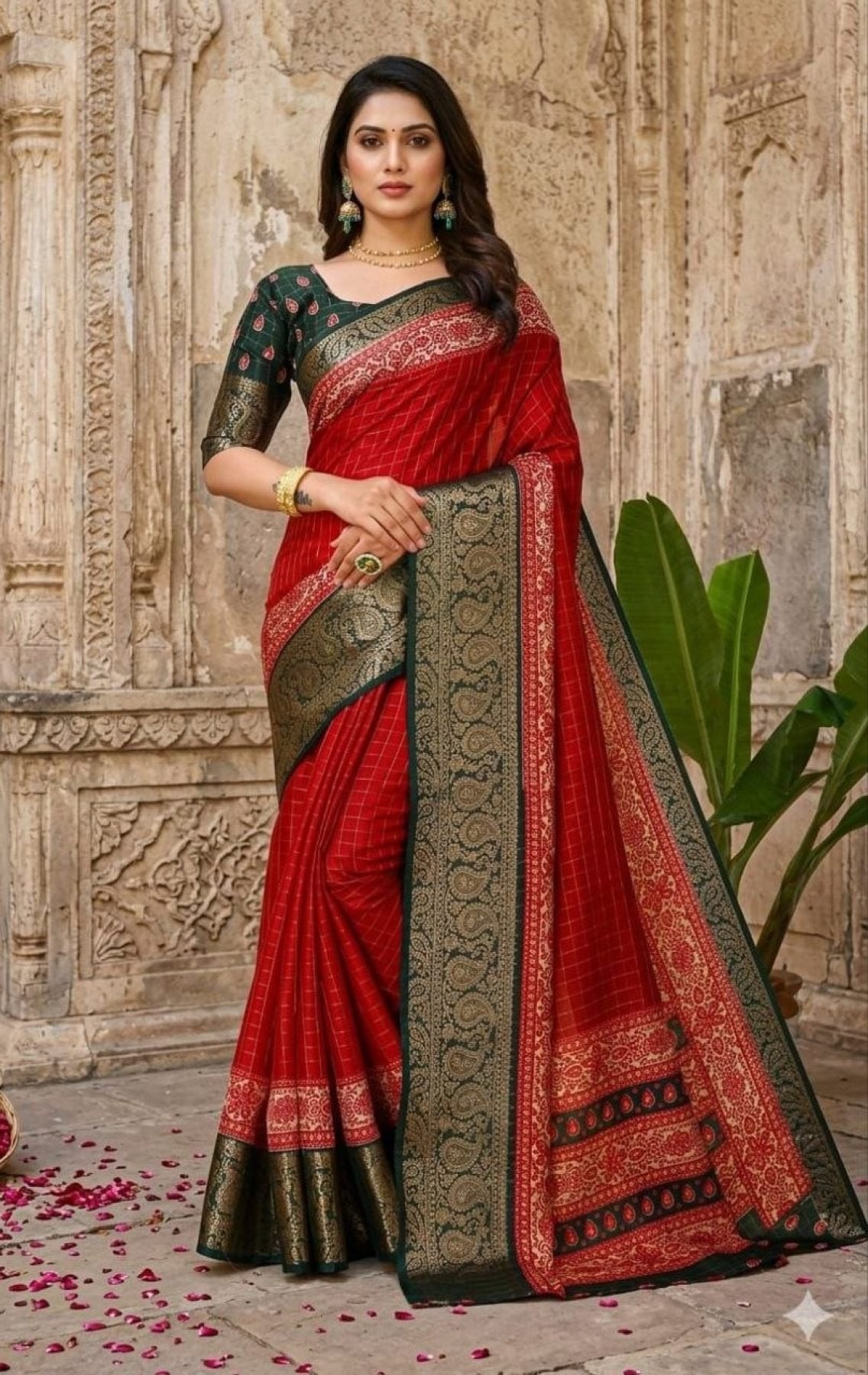 Red Cotton Saree - fabric texture close-up