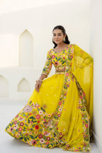 Yellow Floral Organza Lehenga Choli with Sequins Embroidery for Wedding Wear full drape view