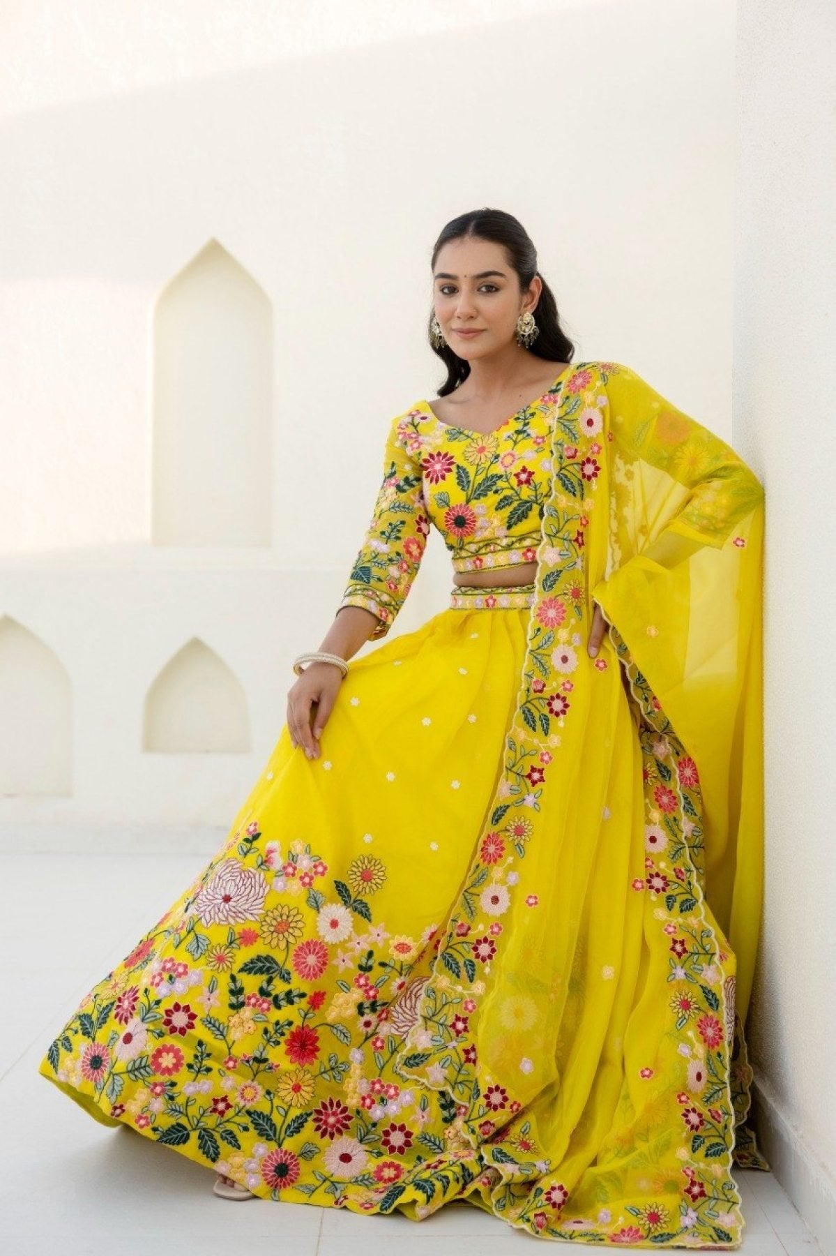 Yellow Floral Organza Lehenga Choli with Sequins Embroidery for Wedding Wear full drape view