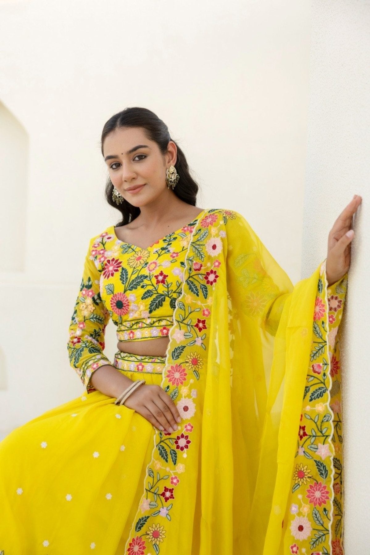 Yellow Floral Organza Lehenga Choli with Sequins Embroidery for Wedding Wear blouse and dupatta detail