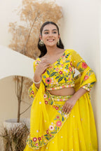 Yellow Floral Organza Lehenga Choli with Sequins Embroidery for Wedding Wear detailed view