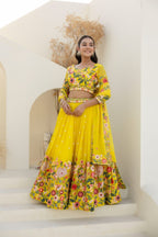 Yellow Floral Organza Lehenga Choli with Sequins Embroidery for Wedding Wear fabric texture detail